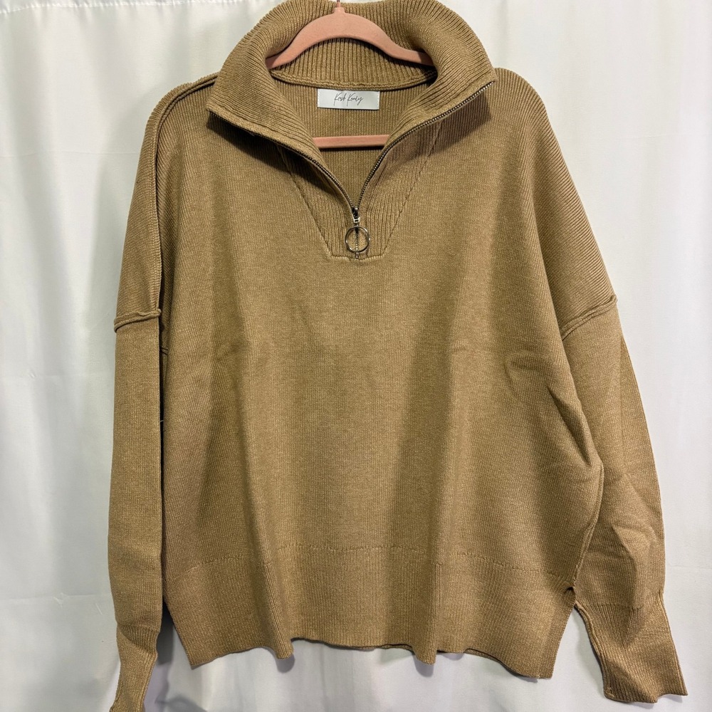 Krush Kandy Womens XL Camel Tan Quarter Zip Oversized Ribbed Pullover Sweater